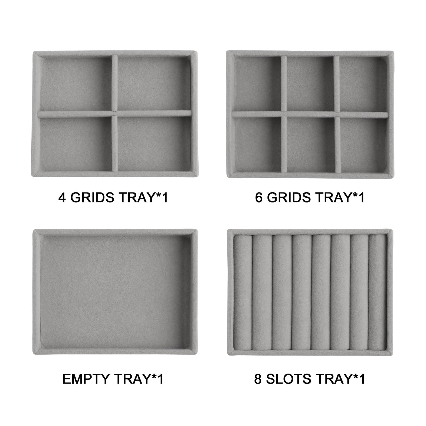 Frebeauty Small Jewelry Tray Set,Stackable Velvet Jewelry Organizer Tray,Mini Jewelry Drawer Organizer,Drawer Inserts,4.92 x 3.74 x 0.9 Inches,Earring Organizer for Women(Set 4,Grey)