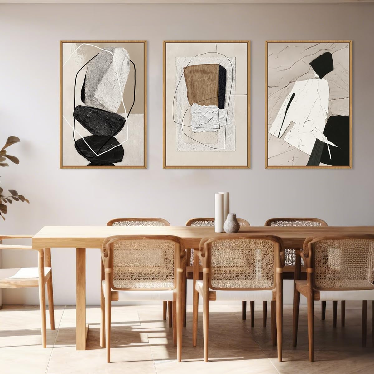 ANHUIB Large Abstract Wall Art Canvas,Black Beige Artwork,Neutral Modern Framed Wall Art, Minimalist Geometric Painting,24x36 Inches Set of 3 for Living Room Bedroom