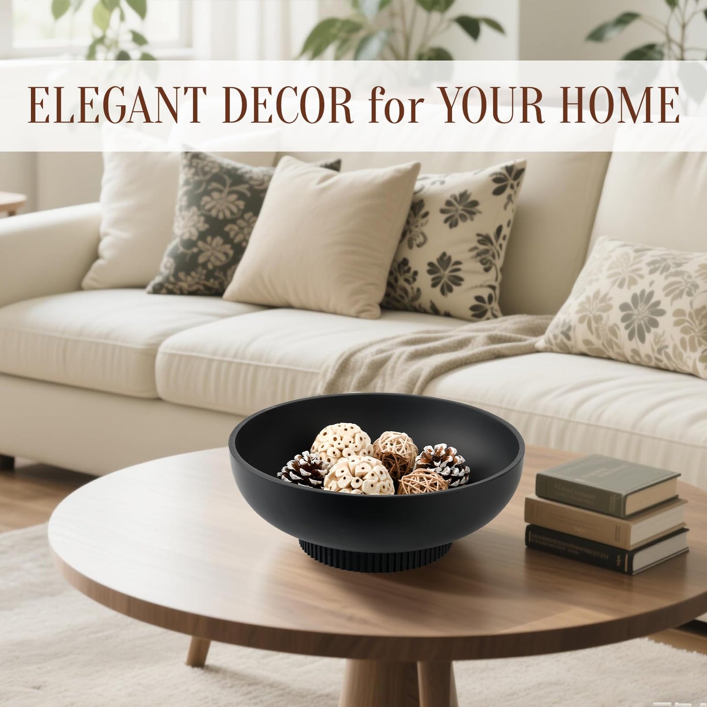 Deobath Large Resin Pedestal Decorative Bowl - Modern Handicraft Bowls for Home Decor - Fruit Bowl for Kitchen Counter - Key Bowl for Entryway Table,Matte Black