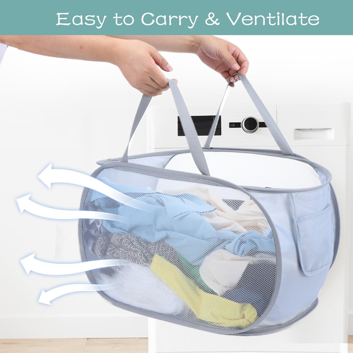 HJZHII 4 Pcs Popup Mesh Laundry Basket, Laundry Hamper with Side Pocket Foldable Storage Basket with Durable Handles for Bathroom Travel Dorm