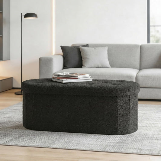 DUMOS Ottoman Bench End of Bed, 43 Inch Ottoman with Storage, Foot Rest Bench Stool with Cushion, Oval Round Folding Storage Chest for Bedroom, Living Room, Entryway, Dorm, Teddy Fabric, Black
