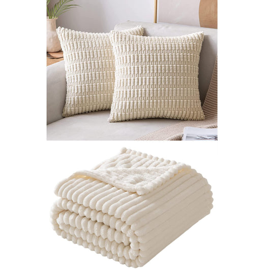 MIULEE Pack of 2 Corduroy Decorative Throw Pillow Covers 16x16 Inch Soft Boho Striped Pillow Covers Modern Farmhouse Home Decor for Sofa Couch Bed Cream White Bundle Fleece Blanket 50x60 inch