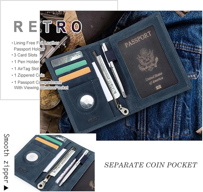 CONTACTS Full Grain Leather Airtag Passport Holder RFID Blocking Travel Passport Wallet Slim Passport Cover Case with 4 Card Slots, Coin Pocket (US Passport Stamp, Blue)