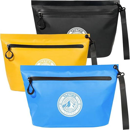 Tactiko 3L Water Resistant Pouch - Waterproof Material w/Splashproof Zipper - Hold All Zipper Bag for Storage, Toiletries, Travel, Beach, Cruise, Home (3, Blue/Yellow/Black) | Collapsible, Easy to Clean, Pack All