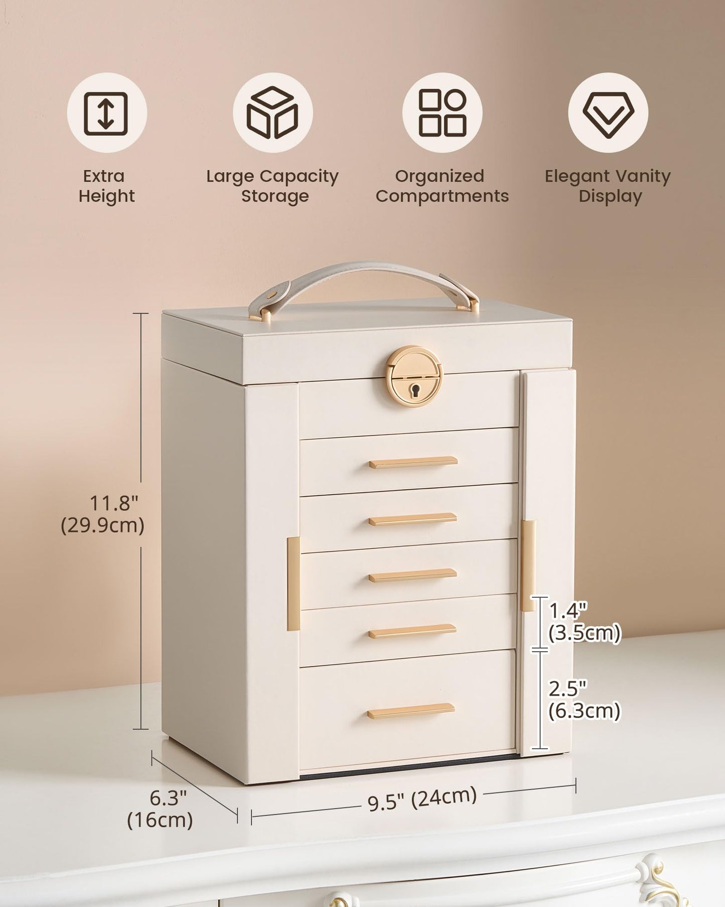 Lolalet Large Jewelry Box Organizer for Women, 6-Layer Jewelry Organizers and Storage Case with Mirror & 5 Drawers, Lockable Watch Ring Earring Bracelet Necklace Holder Girls Gift -6Layer, Beige