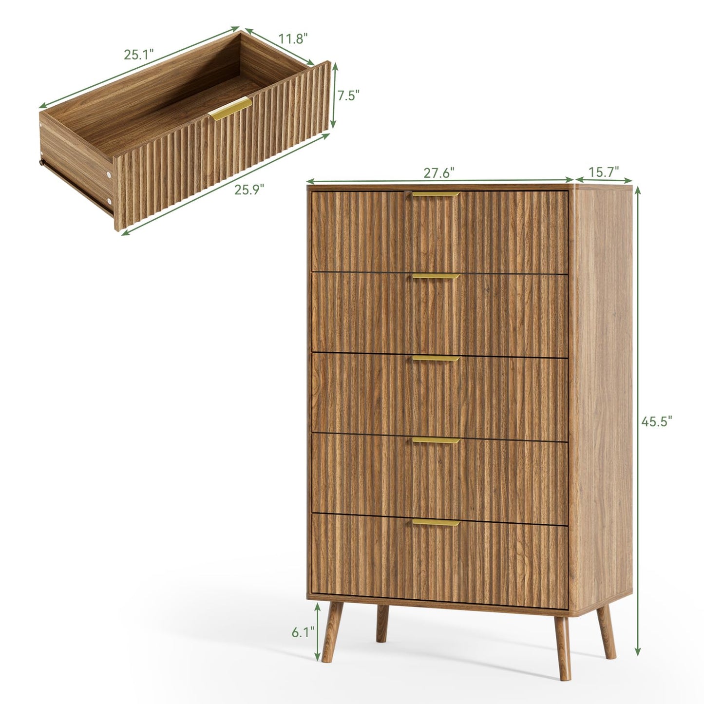 LYNSOM Fluted 5 Drawers Dresser, 45" Tall Modern Chest of Drawers with Curved Profile Design and Metal Handle, Wood Drawer Organizer for Bedroom, Living Room, Hallway, Entryway, Walnut