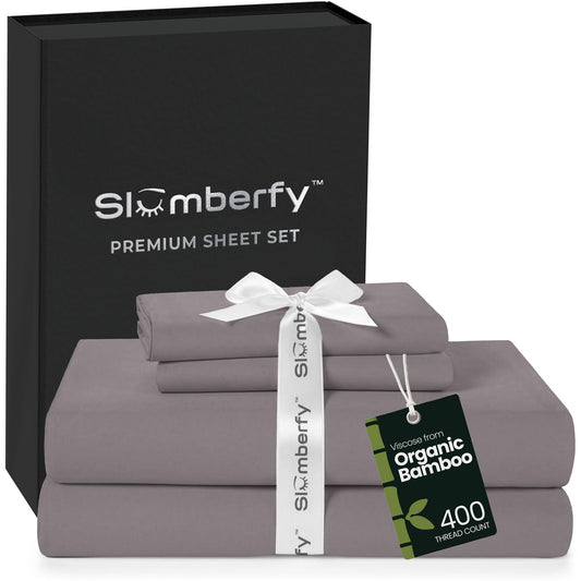Slumberfy 4-Piece 400 TC Viscose Derived from Bamboo Sheets, King Size - 1 Fitted, 1 Flat, 2 Pillow Cases - Deep Pocket Cooling Viscose-Bamboo Bed Sheets in Magnetic Closure Gift Box, Grey