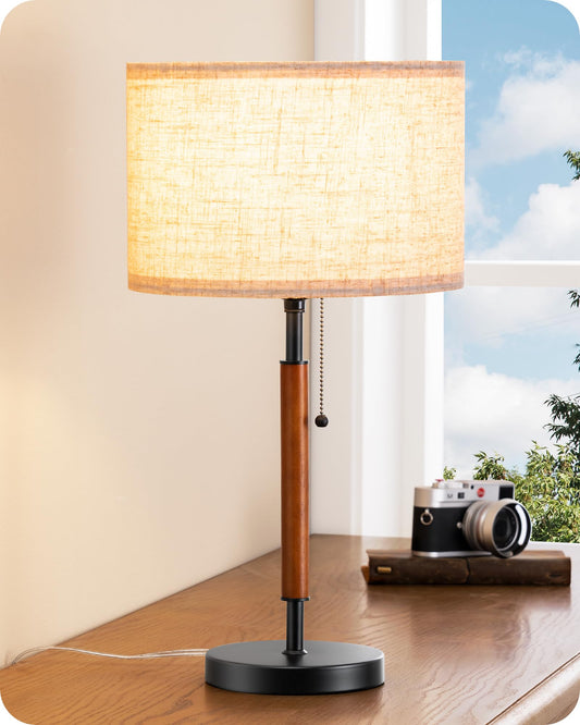 EDISHINE Mid Century Table Lamp, Pull Chain Switch Bedside Lamp with Linen Shade, Solid Wood Pole & Black Metal Base, Modern Nightstand Lamp for Bedroom, Living Room, Office, E26 Base