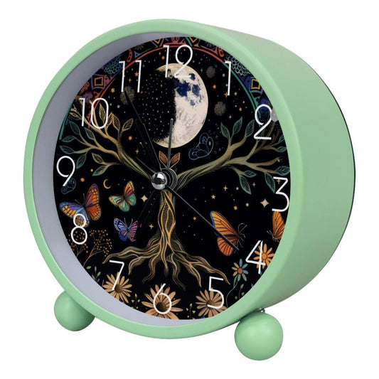 IROLSKDNFH 4.3" Decorative No Ticking Analog Alarm Clock, Battery Operated Desk Clock with Light, Easy to Set, for Bedroom, Kids, Seniors, Moon Phase Tree of Life Nature Flower Plant Butterfly