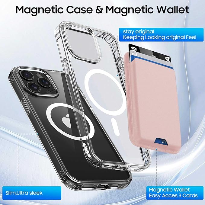 Ntwinro Magnetic for iPhone 12 & iPhone 12 Pro Clear Case (Compatible with MagSafe) with Pink Detachable Wallet & Card Holder for 3 Cards [RFID Blocking] Military Grade Protective Slim Phone Cover