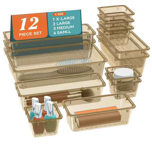 ElegantArray 12 PCS Drawer Organizer Set, 4 Sizes Tool Storage Trays, Clear Plastic Makeup Vanity Organizer and Storage Bins for Stationeries, Multiple Gadgets for Office, Bedroom, Champagne
