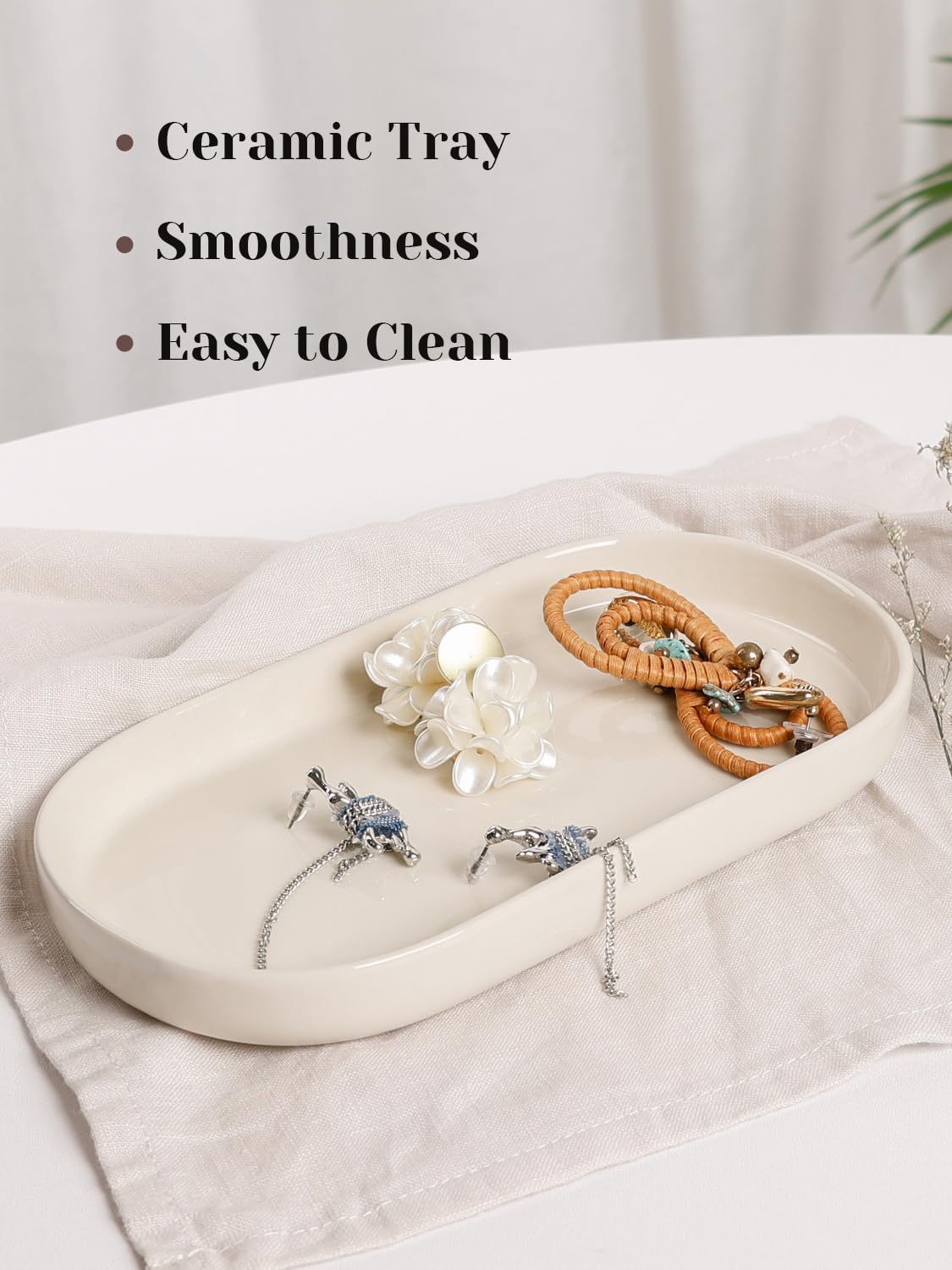 INGOFIN 7" Ceramic Bathroom Vanity Tray - Bathroom Organizer Countertop Tray for Perfume, Jewelry, Candles, Small Kitchen Counter Soap Tray, Decorative for Bathroom Vanity and Toilet Tank, Beige