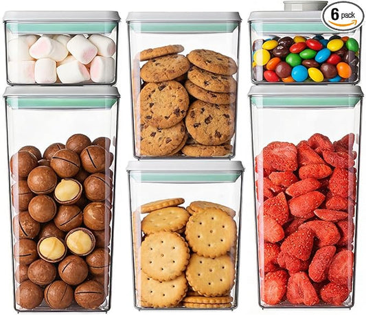EQI Airtight Food Storage Containers Set with One-Touch Lid, 6-Piece Multi-Size Set (0.6, 1.3, 1.9Qt)*2 Stackable Durable PET for Flour, Cereal, Snacks & Complete Pantry Organization