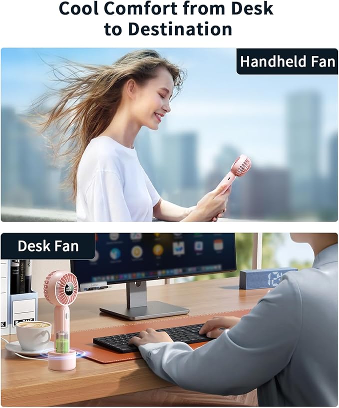 Handheld Fan with 𝗪𝗶𝗿𝗲𝗹𝗲𝘀𝘀 Charging Base, 3 Speeds Portable Fan with Digital Display, 2000mAh Battery Operated Hand Held Fan, Handheld/Desk 2 in 1 Personal Fan Lash Fan Makeup Fan (Pink)