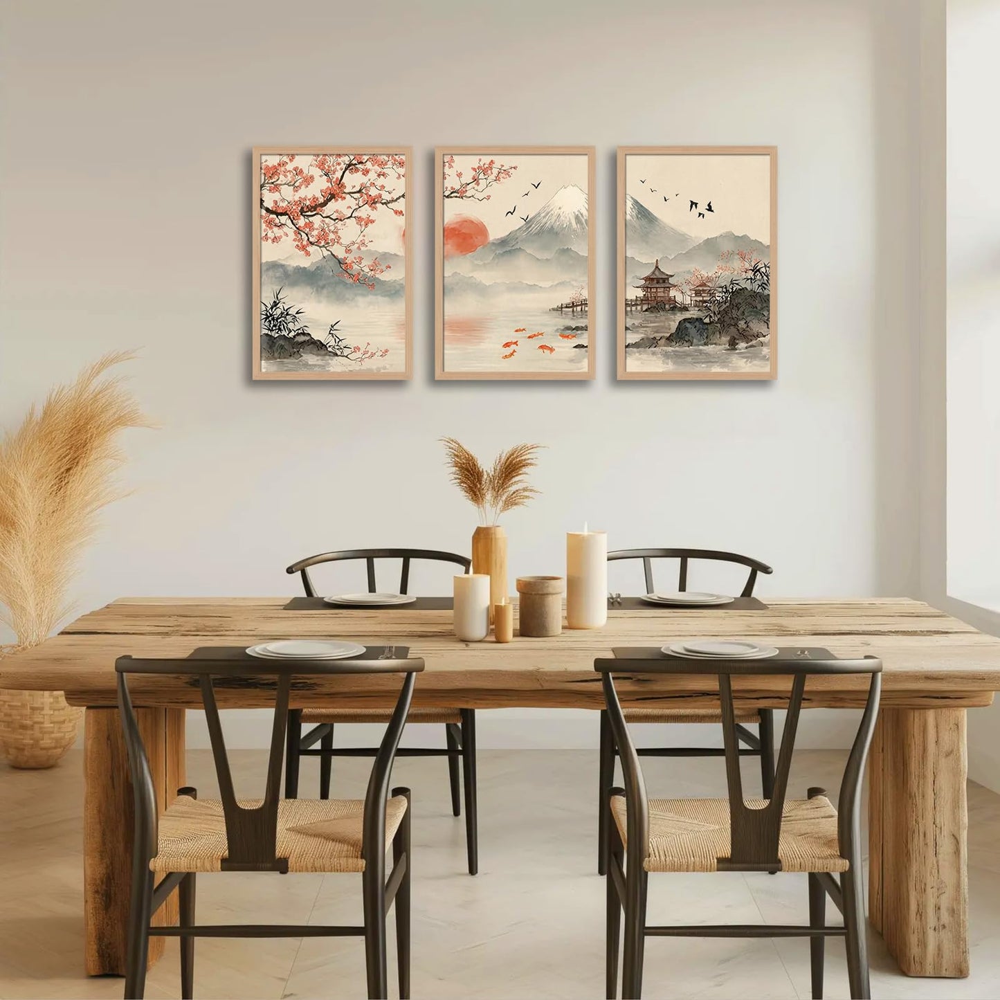 soonkiss Japanese Wall Art Set of 3 with Wooden Frame, Ready to Hang Sakura Cherry Blossom Mountain Sun Landscape Painting Prints for Living Room Bedroom Office 12x16 Inches