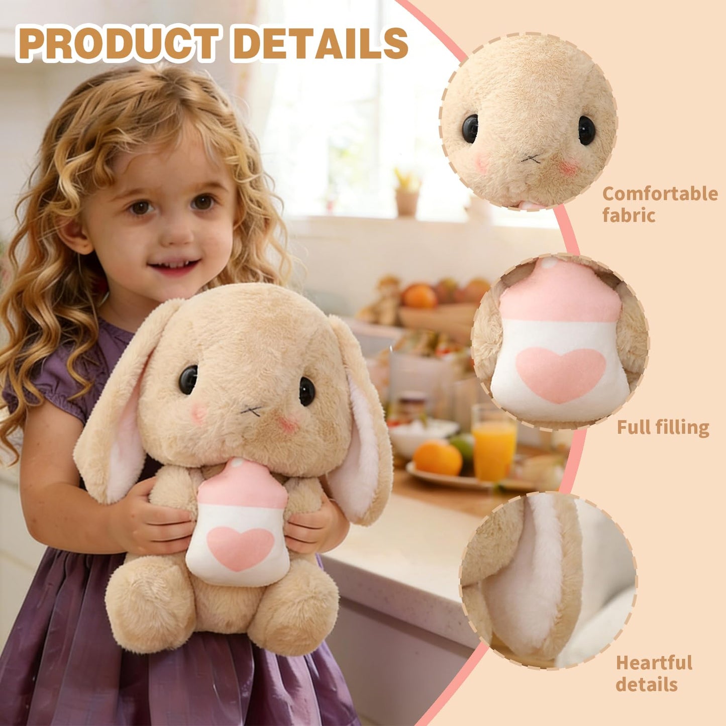 HOUPU Soft Toy - Sitting Lop Eared Rabbit, Easter White Rabbit Stuffed Bunny Animal with Carrot Soft Lovely Realistic Long-Eared Standing Pink Plush Toys (Brown-Milk Bottle,8.6in/22cm)