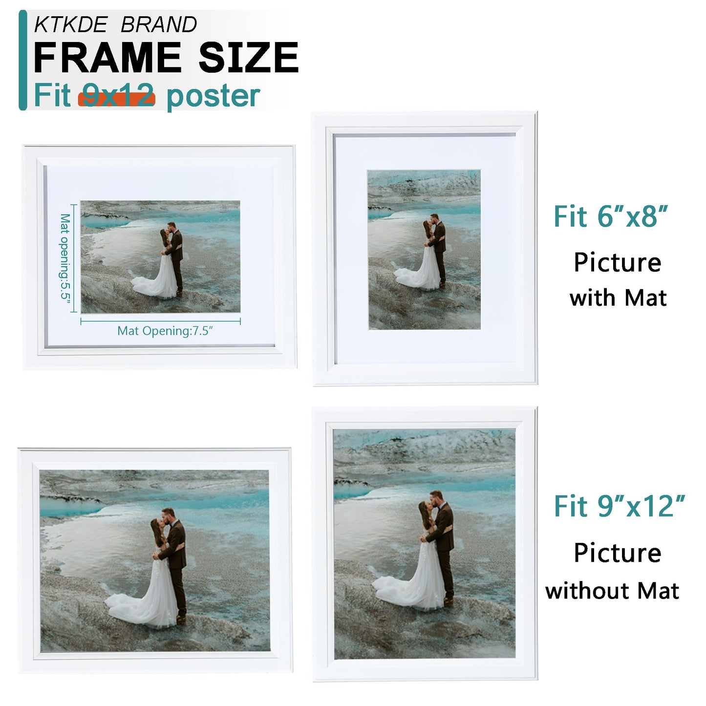 KTKDE 9x12 Wooden Picture Frame,Display Pictures 6x8 with Mat or 9 x 12 Without, Tempered Glass, 9 by 12 White Frames Wall Gallery Photo Frames Poster Frame best gift