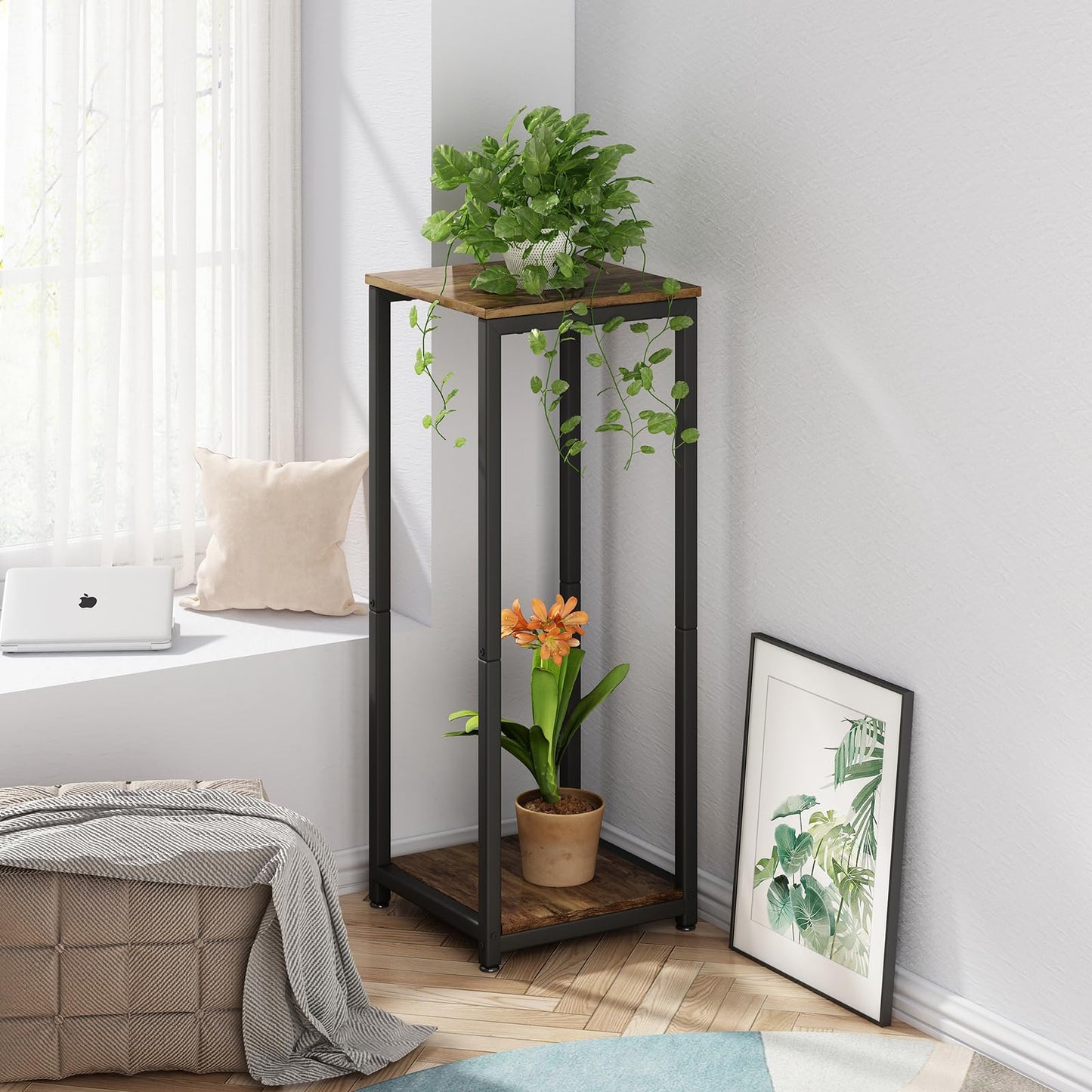 YIZAIJIA Plant Stand Indoor Corner Tall 2 Tier Metal Modern Flower Storage Plant Shelf Holder for Living Room Balcony Garden,Black (2 Tier-Black)