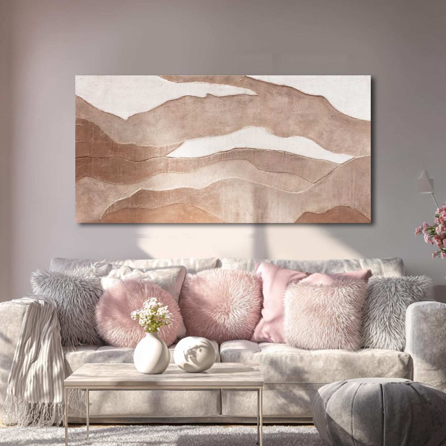 YLLTIEM Brown Abstract Wall Art 24x48 Inch, Hand Painted Textured Canvas Painting, Earth Tone Landscape Wall Decor for Living Room, Bedroom, Fireplace, Office