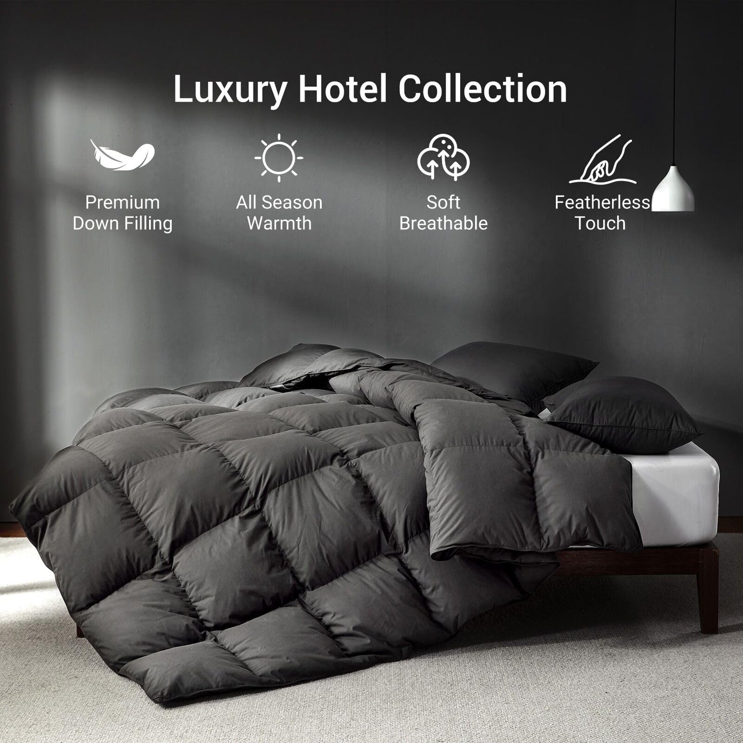 Saisier Grey Goose Feather Down Comforter Queen Size, Premium All Season Duvet Insert, 750+ Fill Power 1200TC Cotton Blend Fabric Hotel Style Comforter, 42 Oz Lightweight (90x90, Dark Grey)