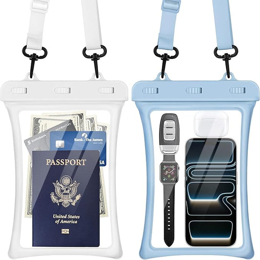 CACOE [Floatable Floating Universal IPX8 Waterproof Phone case 2 Pack-Up to 10.0",Adjustable Lanyard Phone Pouch,Dry Bags for Vacation Beach Pool Kayak Cruise Travel Essentials（White+Light Blue）