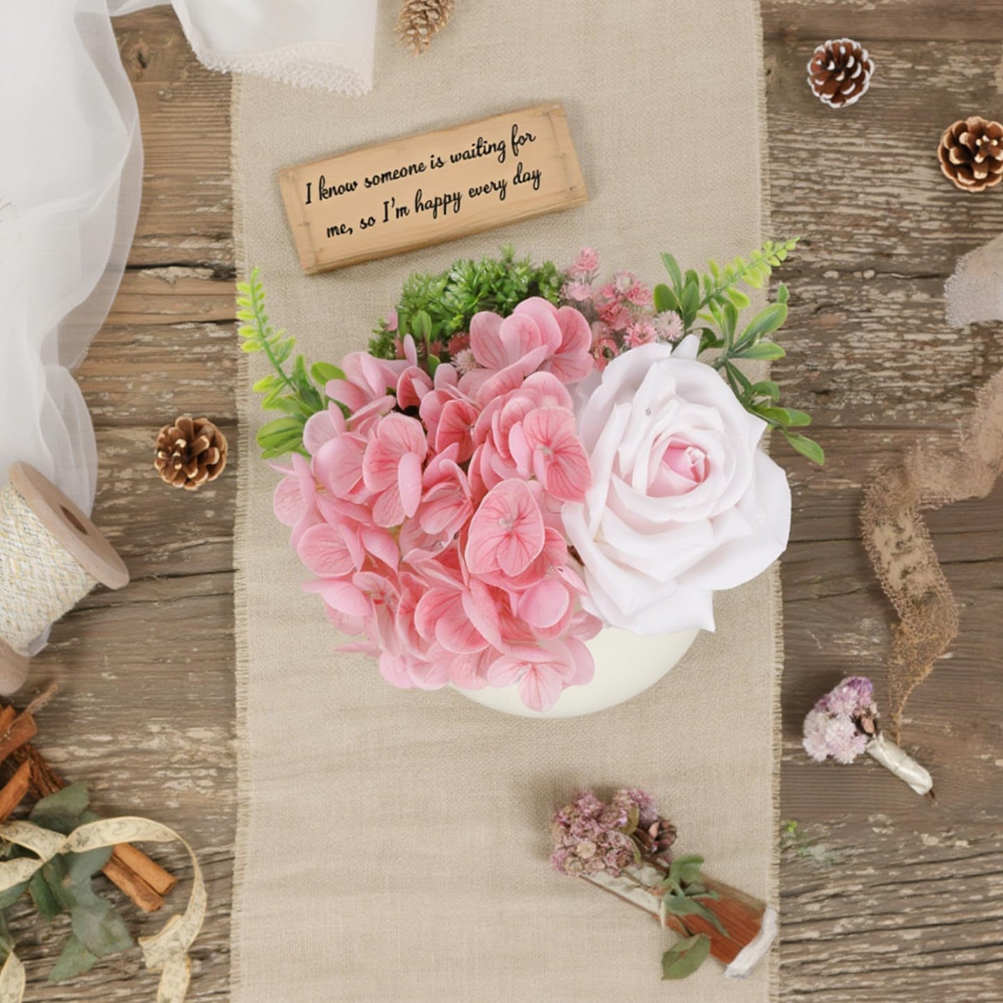 ucky Artificial Flowers with Ceramic Vase, Faux Pink Hydrangea and Light Pink Silk Roses Floral Arrangement, Small Potted Centerpiece for Dining Table, Farmhouse Kitchen Home Office Decor & Gift