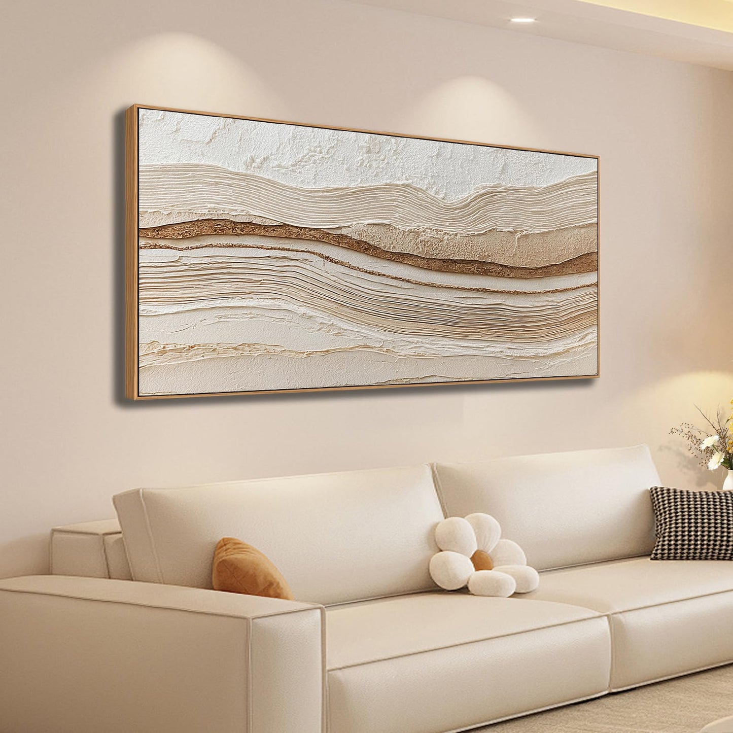 Sorbrozo 3D Abstract Textured Wall Art 24x48 Inch Framed Neutral Beige and Gold Wavy Landscape Canvas Print Modern Decor for Living Room Bedroom & Office