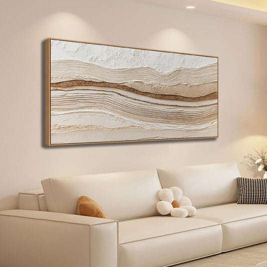 Sorbrozo 3D Abstract Textured Wall Art 24x48 Inch Framed Neutral Beige and Gold Wavy Landscape Canvas Print Modern Decor for Living Room Bedroom & Office