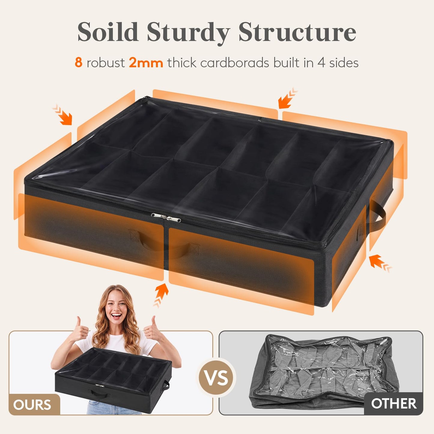 Lifewit Under Bed Shoe Storage Organizer 2 Pack(14 Shoes Cells), 4.3 Inches Profile Fabric Shoes Container Box with Clear Cover, Foldable Storage Bag with 2 Handles, Fits 14 to 28 Pairs