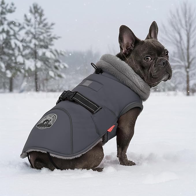 KYEESE Waterproof Dog Coat, Windproof Warm Winter Jacket with Leash Hole, Reflective Cold Weather Dog Coats for Small Dogs, Outdoor Pet Coat Cozy Puppy Jacket Thick Fleece Lined, Gray, Small