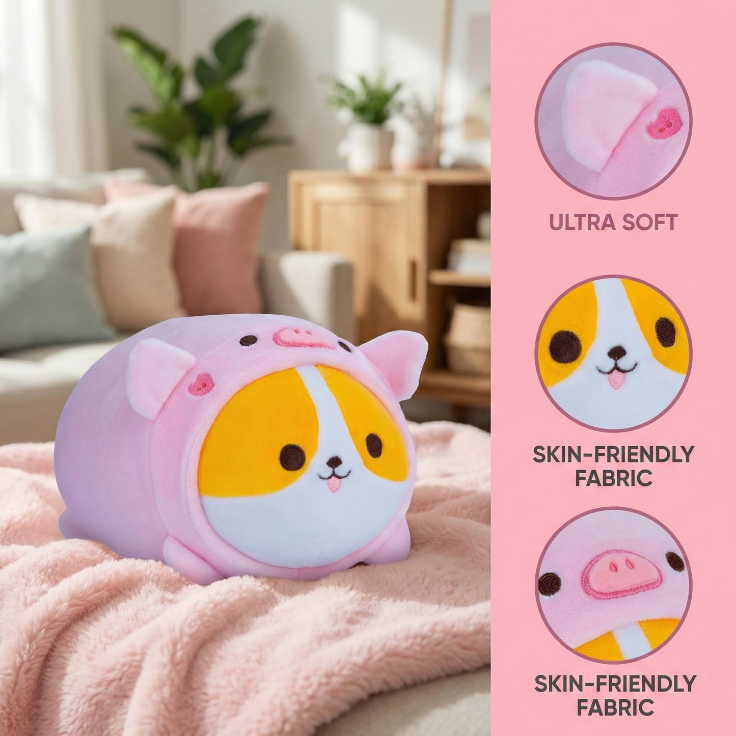 AIXINI 5 in 1 Plush Pillow Toys Set - Pink Salamander, Keji Pig, Bee, Strawberry, Panda, Cute Stuffed Animals Pillows for Kids, Soft Cartoon Bedroom Decor Gifts (Keji Pig, Medium Size)