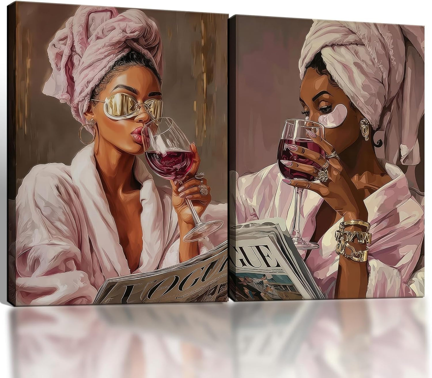 Pink Bathroom Wall Art Set Of 2 Framed Canvas Prints Glam Fashion Bathroom Decor Black Woman Spa Vanity Wall Art Pink Brown Self Care Pictures For Bedroom Beauty Room 16x24 Inch