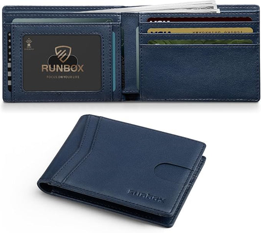 RUNBOX Wallet for Men Slim Leather Bifold RFID Blocking Minimalist Front Pocket Design with Gift Box