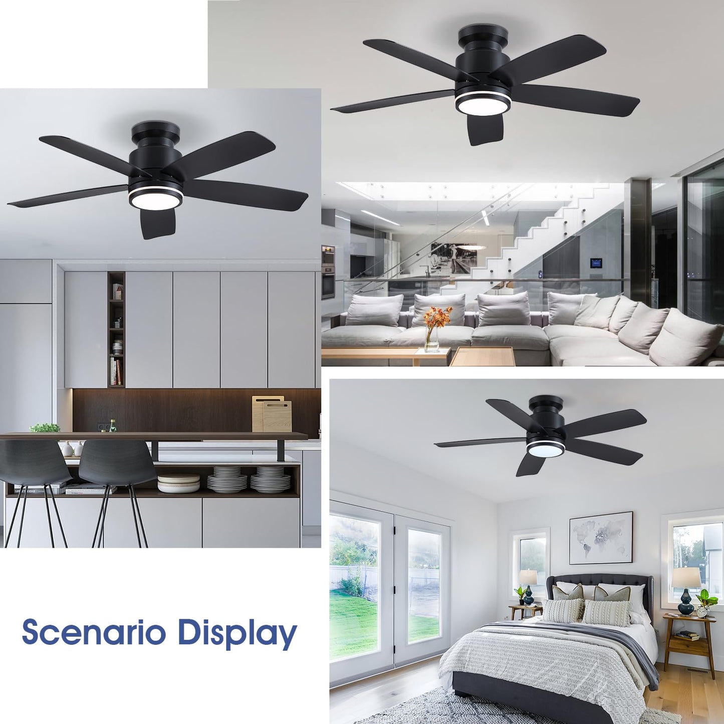 Wiviniya 46 Inch Black Flush Mount Ceiling Fan with Light, 5 Blades Reversible Fan, 6-Speed & 2-Hour Timer, Remote Control, 3 CCT Dimmable for Living Room Bedroom