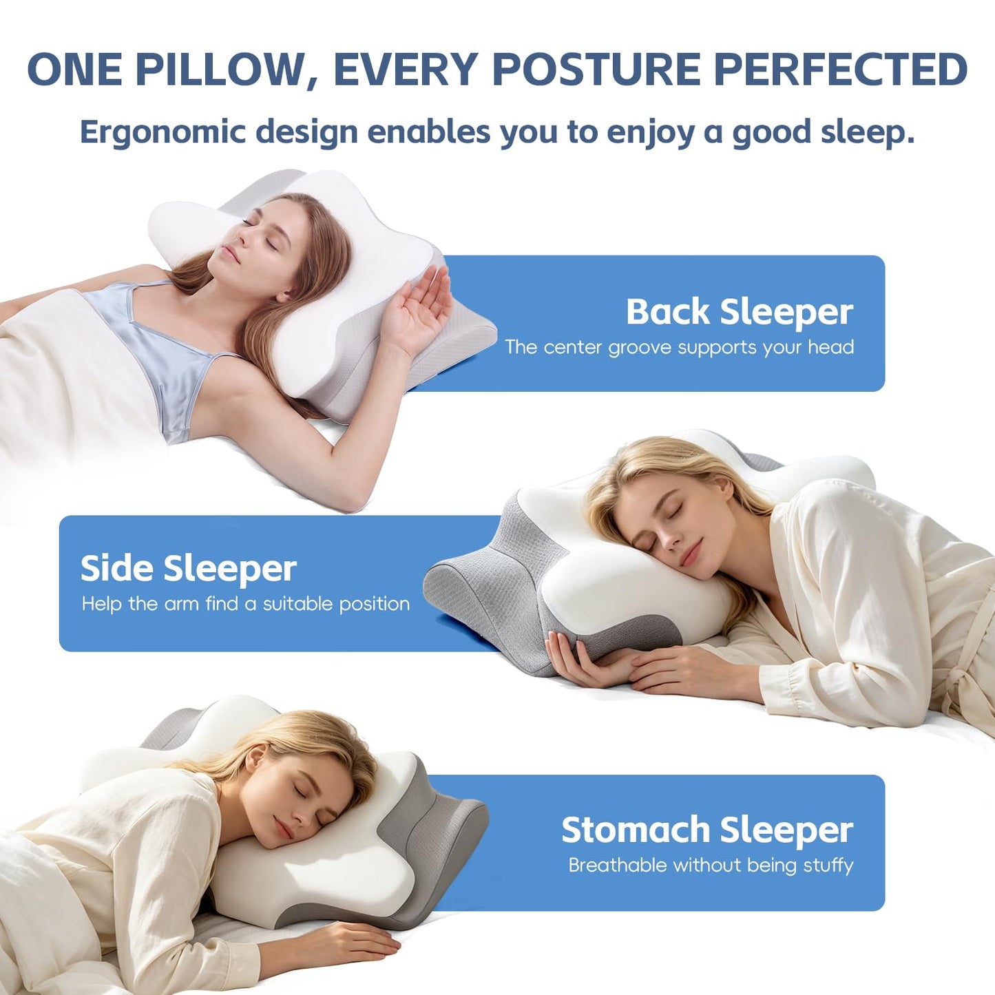 Missleep Cervical Neck Pillow, Memory Foam Pillows for Neck and Shoulder Pain Relief, 2 Heights Ergonomic Pillow with Breathable Ice Silk Cover, Neck Support Pillow for Side Sleepers White