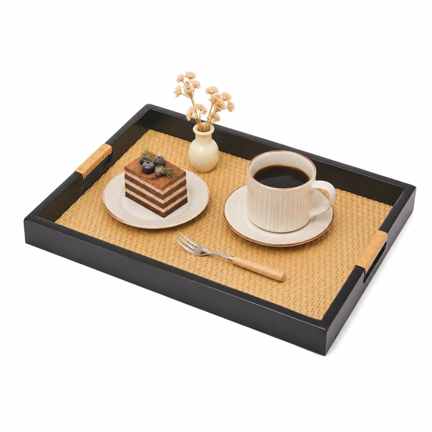 HuiDao Decorative Tray, Serving Tray with Handles, Solid Wood and Faux Rattan Woven Serving Tray, Rustic Rectangle Ottoman Tray for Coffee Table, Ottoman, Dining Serving & Home Decoration
