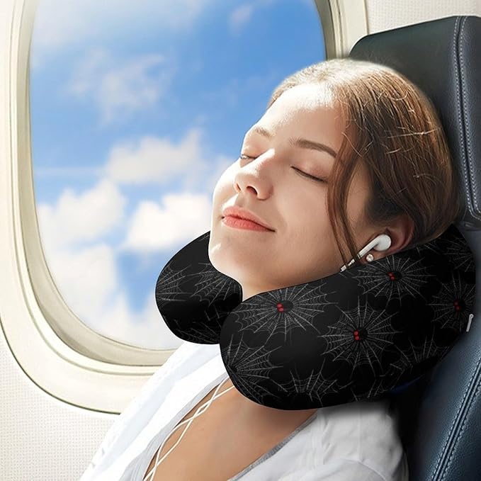Unisex Travel Neck Pillow Memory Foam U Shaped Cushion Halloween Spiders Web Black, Washable Cover for Men Women Airplane Car Home Rest