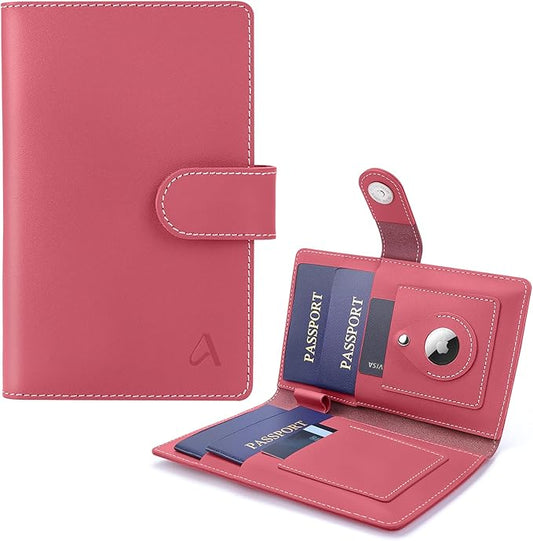 ALLIVE passport holder for travel family of 4, RFID Blocking Passport Wallet Document Organizer for Women & Men, Genuine Leather Cover with AirTag holder, Airport Essentials, Travel Gift (Rose Pink)
