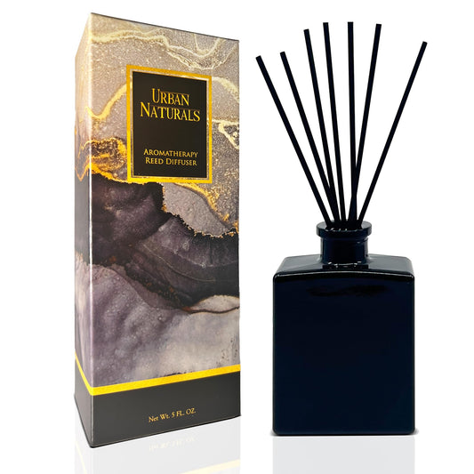Urban Naturals Smoked Vanilla Reed Diffuser Set with Vanilla Bean, Sandalwood & Leather – 5 Ounce Sleek Black Rectangular Refillable Glass Bottle – Made in the USA