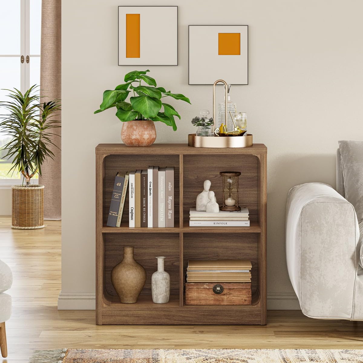 FATORRI 4 Cube Storage Bookcase, Rustic Wood Cube Bookcase Shelf Organizer, Small Storage Bookshelf for Living Room, Bedroom, Office (Walnut, 29.53" W)