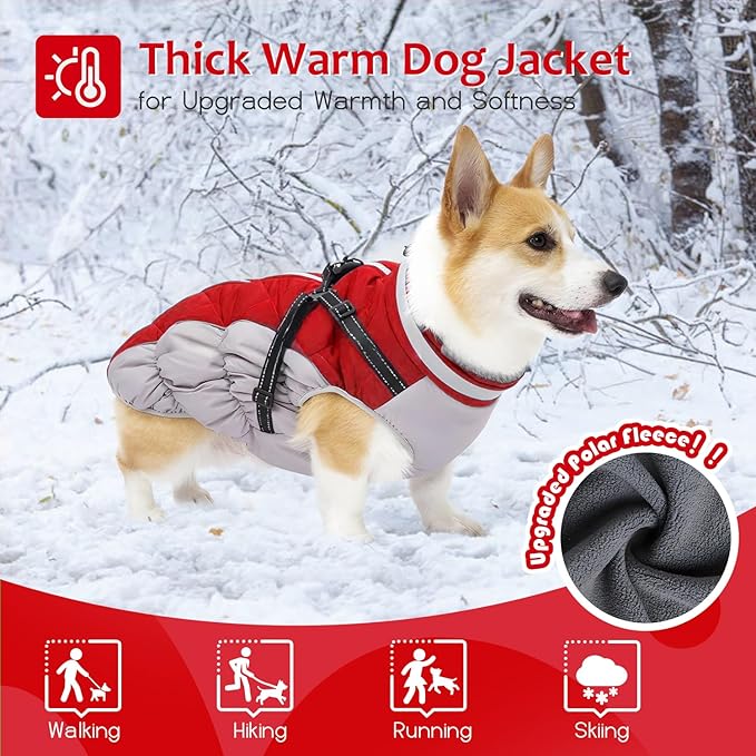 Abuandi Dog Winter Coat with Harness, Dog Jacket, Pet Clothes with Zipper on Back, Waterproof Windproof Warm Vest, Reflective Cold Weather Coats, for Small Medium Large Dogs, Thick, Red, L