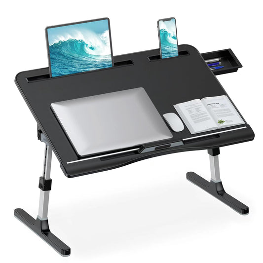 HETTHI Laptop Stand for Bed, Adjustable Leather Bed Desk with Foldable Legs, X-Large Laptop Bed Table Tray with Drawer for Bed Couch Floor Writing Working Reading Eating Painting (Black, 23.6"×15.7")