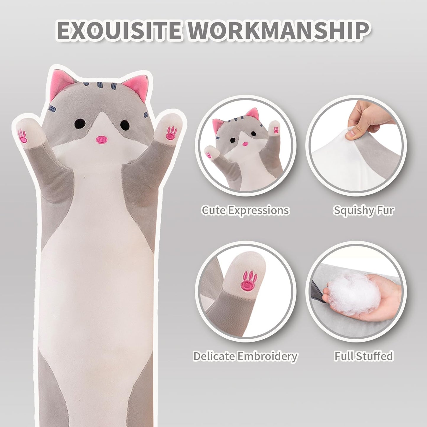 shangman Lovely Plush Cat Doll Cute Cartoon Soft Stuffed Kitten Pillow Long Throw Sleeping Toy Gift for Kids Girlfriend Multiple Size (Grey,50cm/19.6in)