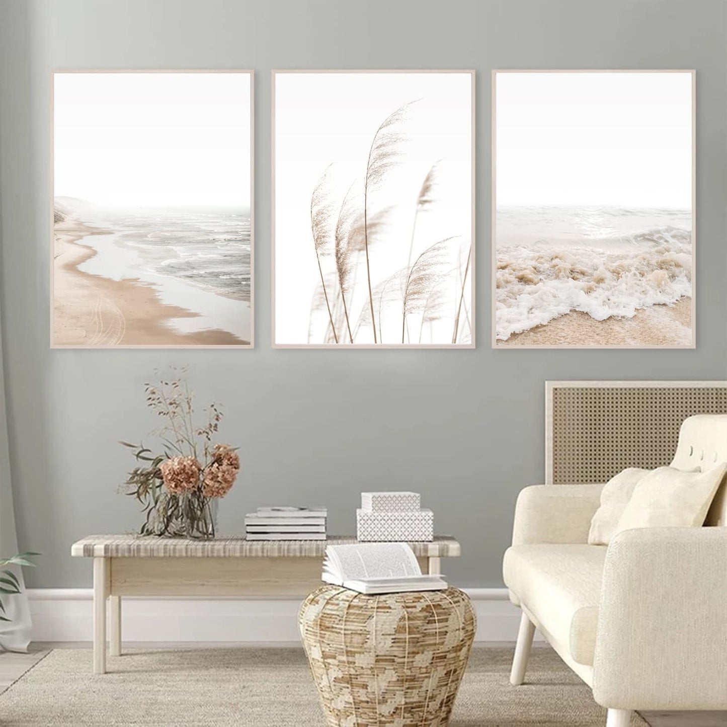Joocrise Beach Wall Art Boho Prints Coastal Canvas Wall Art Decor Beach Pictures Pampas Grass Ocean Poster Plant Landscape Scene Artwork for Living Room Bedroom 16x24 Inch Unframed Set of 3
