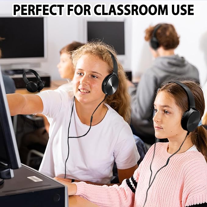 24 Pack Classroom Headphones Bulk with Microphone for Kids School Students, Wholesale Durable Wired Headsets Class Set for Children and Adult (24, Black)