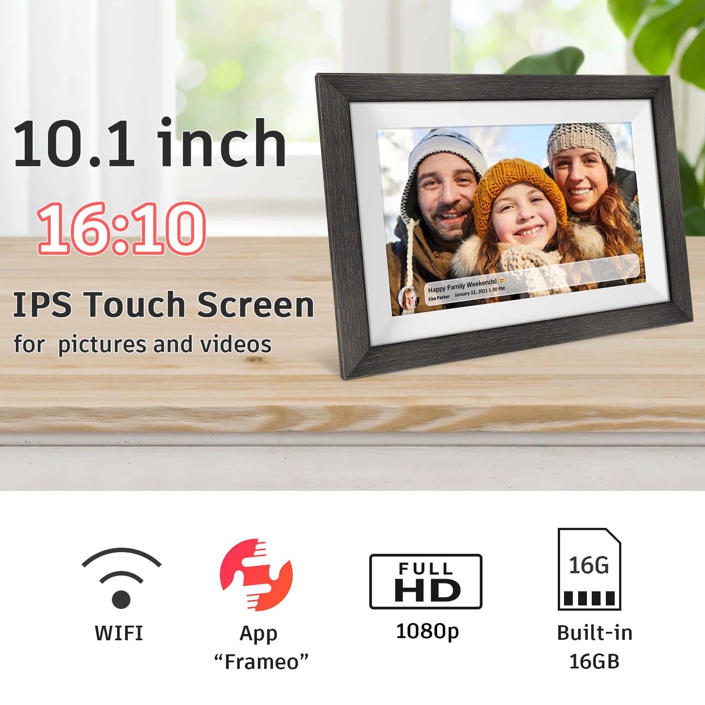 Frameo 10.1 inch Digital Picture Frame WiFi Smart Digital Photo Frame Wood