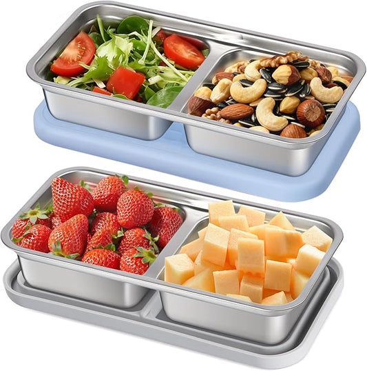 PTYTIFY 2 Pack Stainless Steel Snack Containers with Lids, 2 Compartment Snack Containers, Reusable Food Containers for Home, Travel, Outdoor
