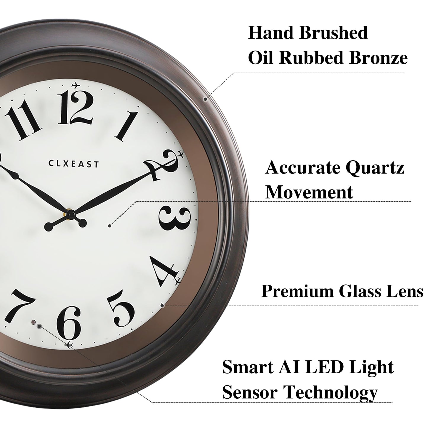 CLXEAST 18 Inch Large Illuminated Wall Clock with AI Smart Night Light Sensor,Modern Farmhouse Wall Clocks for Living Room,Bedroom, Kitchen, Home Office,Oil Rubbed Bronze Black