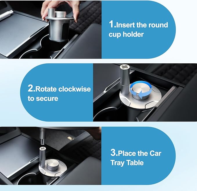 Car Tray Table & Car Desk for Laptop with 2 Risers and Anti-Slip Pad, 360° Rotating Cup Holder for Working and Eating Compatible with Tesla Model 3/Y/S/Ensure The Cup Holder is Round/Grey