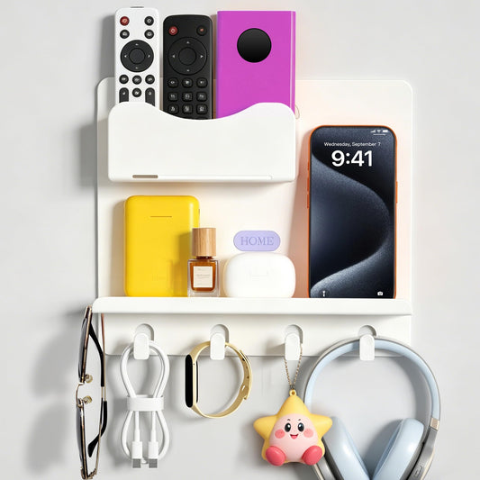 Bedside Shelf Wall Mount, Adhesive Bedside Shelf Accessories Organizer with Hooks and Cable Clips,Dorm Bedside Wall Storage for Phone, Remote, Earphone,Plastic (White)